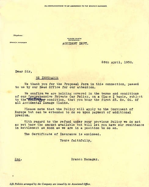 istock Motor insurance policy letter 1958 184096896