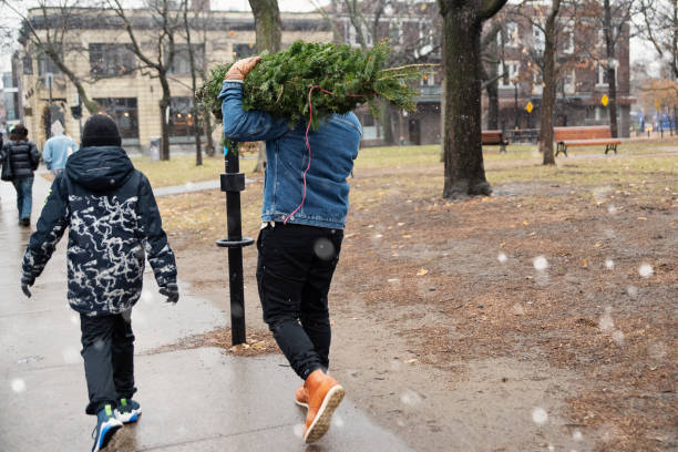 istock Urban father and son bringing home a Christmas tree. 1840969155