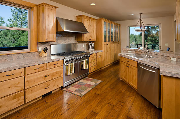 istock Modern kitchen with hardwood cabinets and floor 184096964