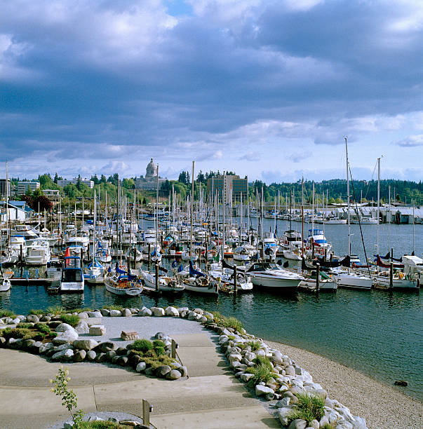 вид на гавань, парк и капитолий здание, олимпия, штат вашингтон, сша - olympia washington стоковые фото и изображения