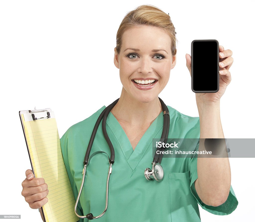 医療看護師保持し、スマートフォン - 白背景のロイヤリティフリーストックフォト