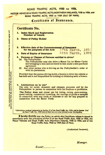 A motor insurance certificate from an insurance company for the year 1958-59. All original identifying and company details removed.