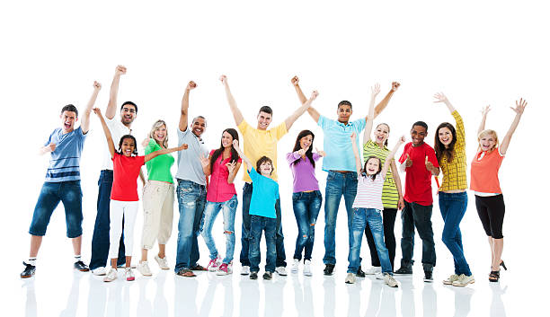 istock Large group of people with their hands up. 184098194