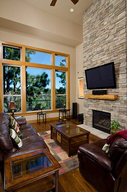 istock Modern living room set with brick wall and fireplace 184098416