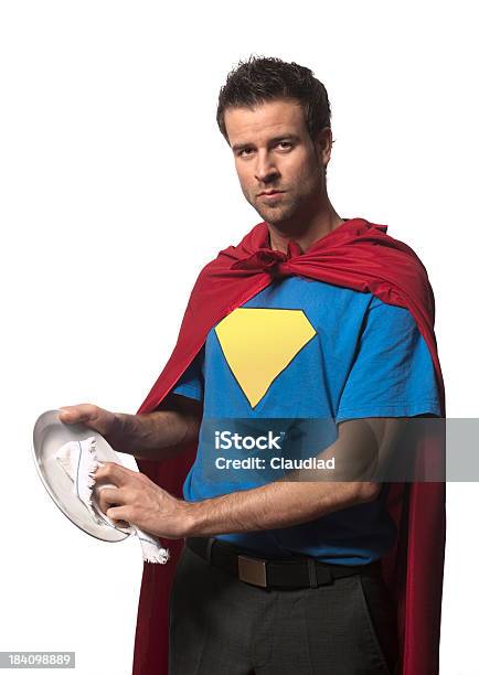 Superhero With Plates Stock Photo - Download Image Now - Washing Dishes, 25-29 Years, Adult