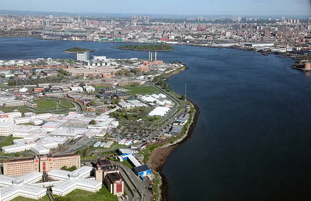 "Aerial view of Rikers Island, New York's City main jail complex."