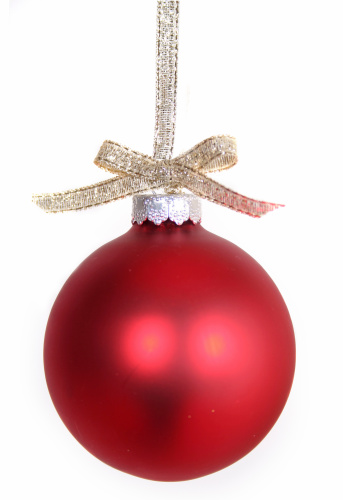 Single hanging christmas bulb red on gold ribbon adn bow