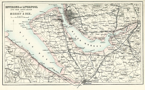 Map of Liverpool and its Environs "Vintage map from 1880 of Liverpool and the surrounding area. By the start of the 19th century, 40% of the world's trade was passing through Liverpool." river mersey northwest england stock illustrations