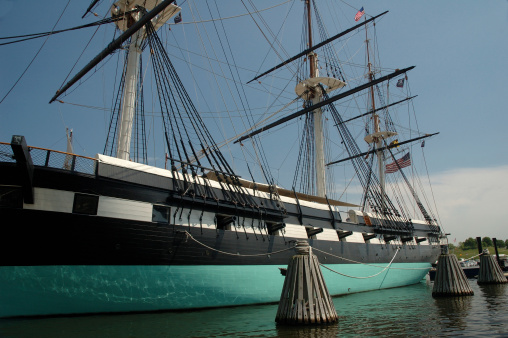 The USS Constellation is the last all sail warship built by the US Navy. Here it sits in the Baltimore harbor where it has been since 1955. Launched 1854.