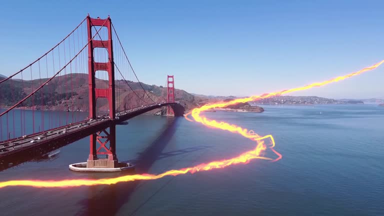 The Golden Gate Bridge, San Francisco, United States with illustrations of advanced telecommunications visualization. Light effect over the waters and bridges depict a glorious future.