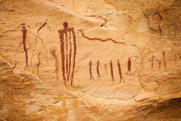 Rock painting made with red ochre by the San  bushmen   in the prehistoric times.