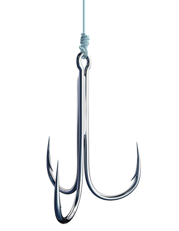 Treble fishing hook isolated on white background. Symbol of temptation or entrapment. 3D rendered illustration.