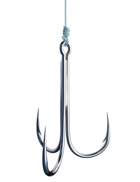 Treble Fishing Hook Treble fishing hook isolated on white background. Symbol of temptation or entrapment. 3D rendered illustration. entrapment stock pictures, royalty-free photos & images