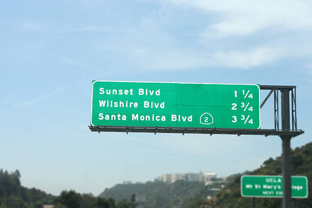 istock Road sign of Sunset, Wilshire, and Santa Monica exit 184101888