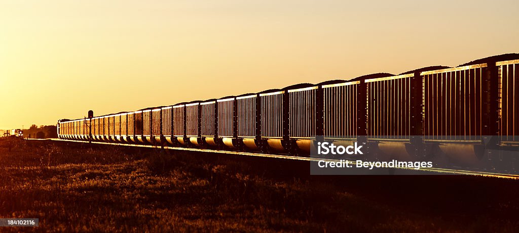 Trainload de oro negro en puesta de sol - Foto de stock de Tren libre de derechos
