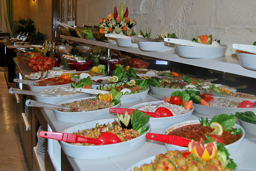 Bowls of salad at the buffet of a hotel restaurant
