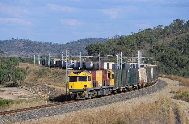 istock Diesel cargo train on electric rural railway 184103754
