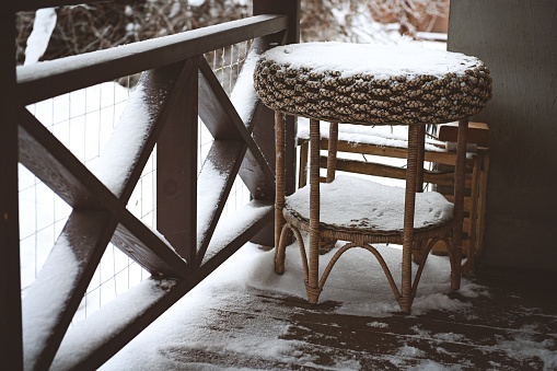 snow-covered garden furniture on the terrace