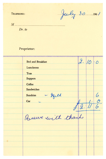 A receipted British hotel bill from 1961. Hotel and visitors' details removed, for you to add your own text.