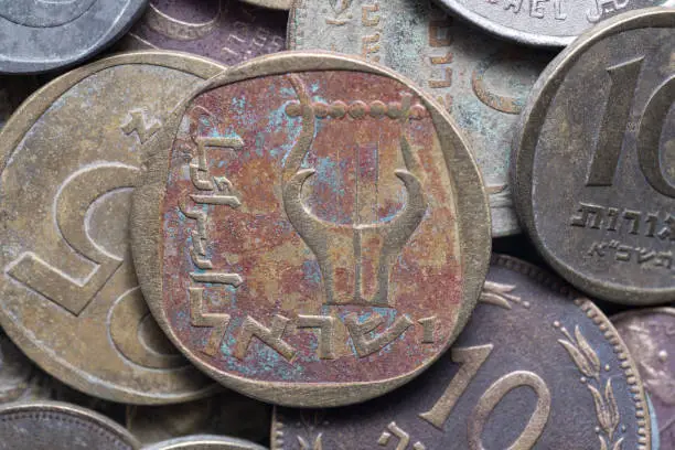 Photo of heap of old Israeli coins, including 25 agorot, reflects the historical currency of the past. These small denominations carry a legacy, representing a piece of Israel's monetary history