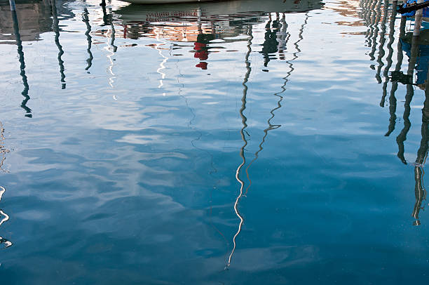 istock reflections of a yacht leaving the marina 184105180