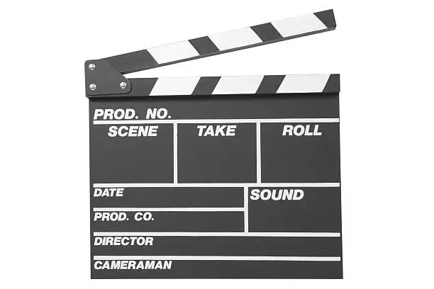 Black clapperboard on a white background.