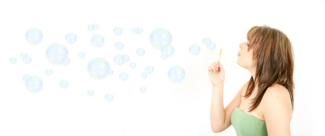 Woman with PSed bubbles