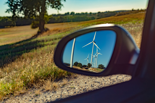 Castilla y León. Spain. Driving on dirt roads connecting wind energy farms.