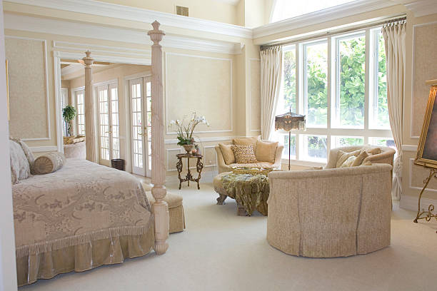Luxurious Bedroom Luxury guest bedroom. shaping room stock pictures, royalty-free photos & images