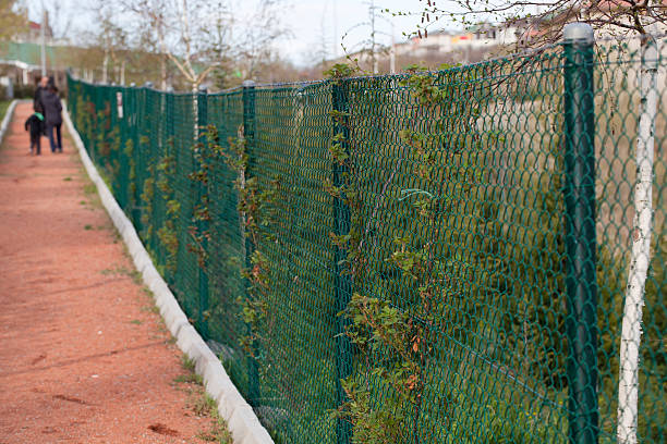 sentier de promenade - green fence chainlink fence wall photos et images de collection