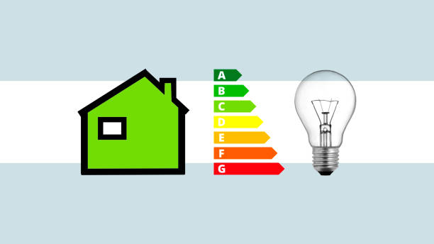 istock Energy usage. Collage with energy efficiency rating chart, fluorescent light bulb and house figure 1841066039