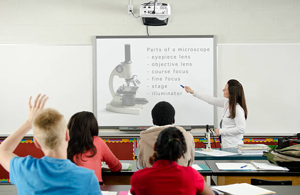 Classroom - slide composited in Middle school students in a classroom. Picture on slide was taken at the shoot and can be easily replaced with your copy and text. teacher projector stock pictures, royalty-free photos & images