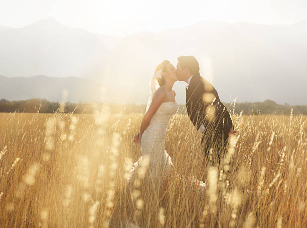 istock Romantic bride and groom kissing 184107284