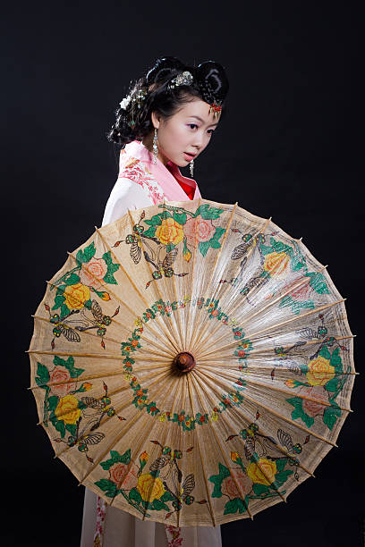 traditional Chinese Girl wear traditional clothing and under an umbrella