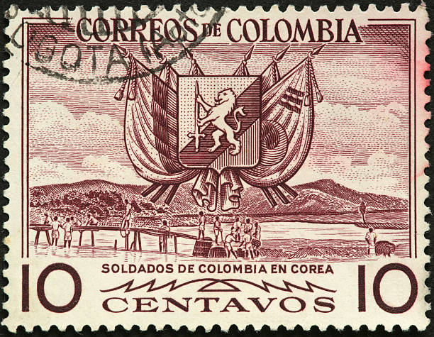 istock footbridge and lake on an old Colombian postage stamp 184108268