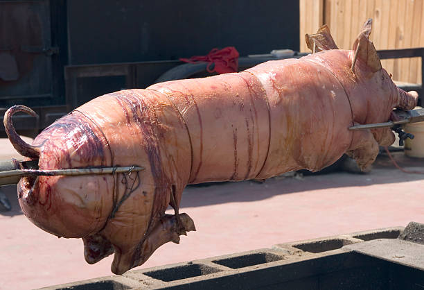 Pig On A Spit Whole pig on an open BBQ spit smoking meat rotisserie barbecue grill stock pictures, royalty-free photos & images