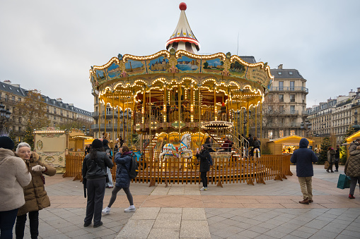 Paris, France, 1st of december 2023, Carousel at place de hotel de vlle, Editorial only.