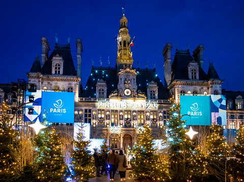 Paris, France, 8th of december 2023, Town Hall at place de Hotel de ville with Christmas decoration,