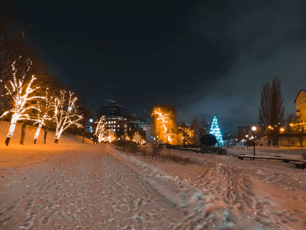 istock Street view after snowfall building illumination 1841097603