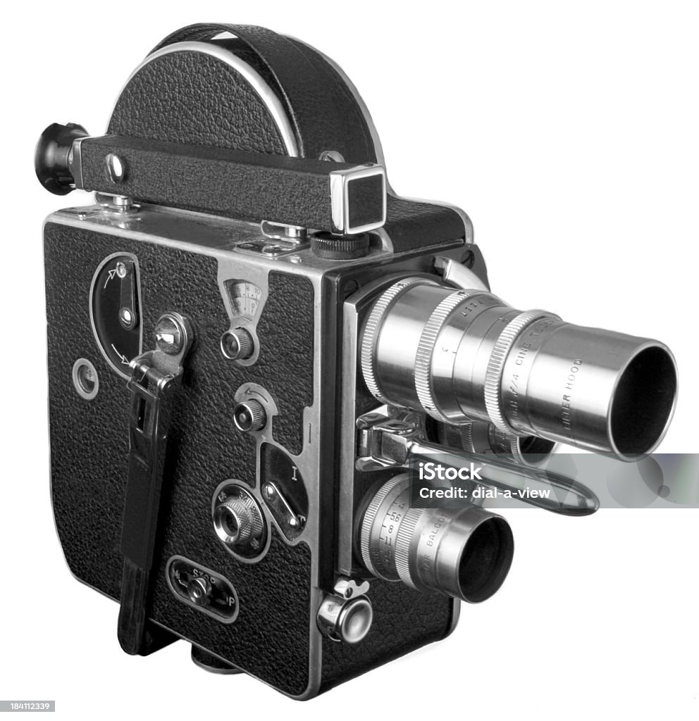 Old fashioned 16 mm movie Camera isolated on white Old fashion 16mm movie camera isolated on a blank white background. Movie Camera Stock Photo