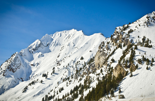 Crisp snowy mountain peak in Little Cottonwood Canyon in Utah. Sunny day with a blue sky.