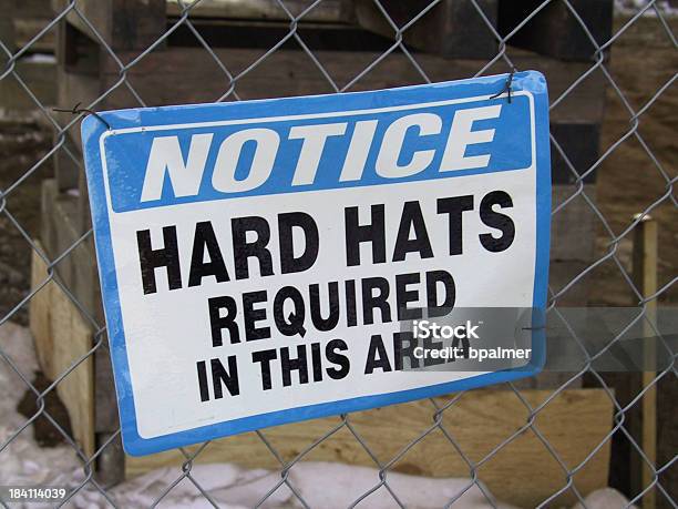 Sign Hard Hats Required Stock Photo - Download Image Now - Bent, Billboard Posting, Blue