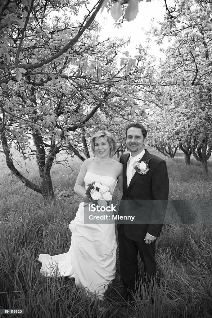 spring landscape wedding "spring landscape wedding, bride and groom in sunny spring landscape, blossom trees, black and white." Adult Stock Photo