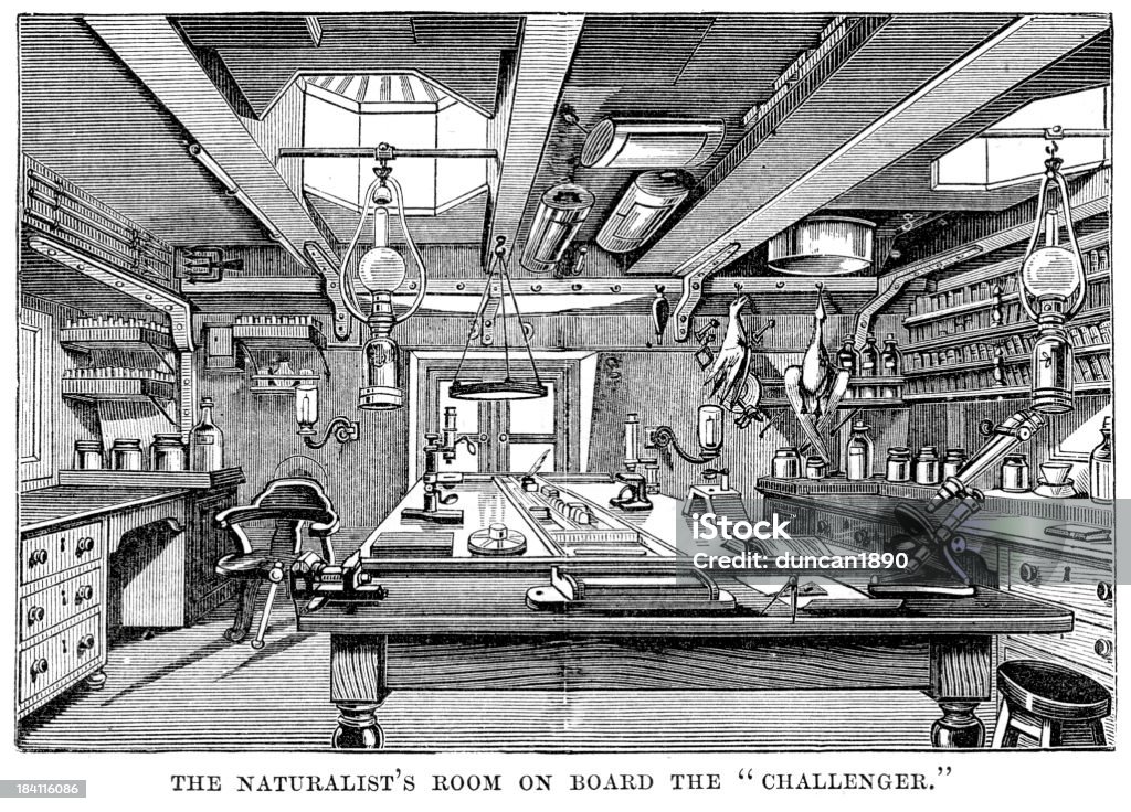 Die Naturforscher an Bord der HMS Challenger Zimmer - Lizenzfrei Mikroskop Stock-Illustration