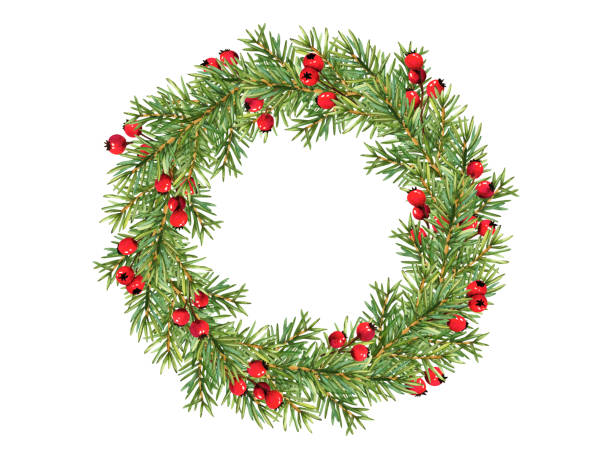 istock Christmas wreath of green fir branches and red berries. Spruce new year decorative element. Watercolor xmas illustration for decoration. Nature design circle frame new year greeting cards template 1841162884