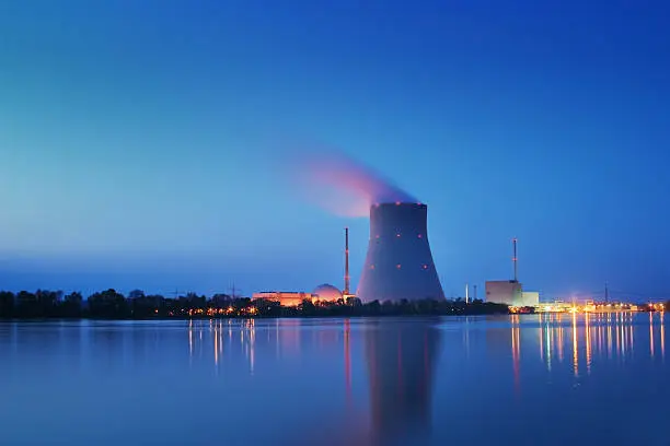 Long shutter time shot of a nuclear power plant at night. Image created using dri techniques.