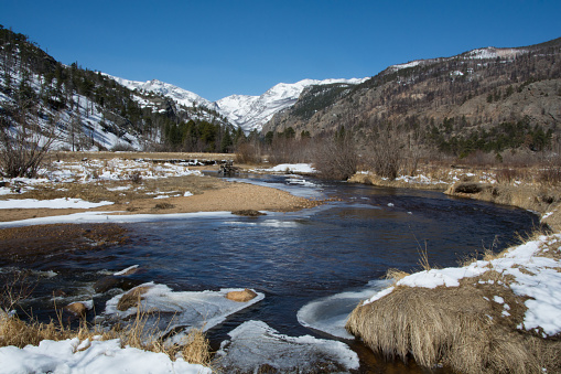 River winding through a valley in the winter in the Rocky Mountains