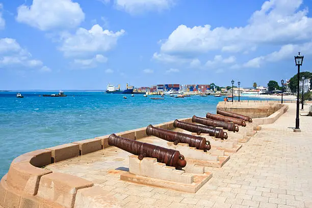 "Old cannons in front of the port in Stonetown on Zanzibar, Tanzania."