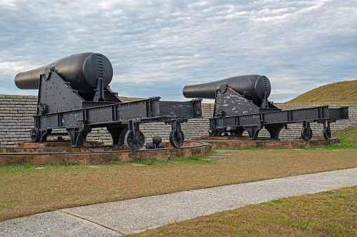 Charleston, SC, USA - December 08, 2023: A 15-inch Rodman smoothbore cannon, which fired a 434-pound ball with 40 pounds of black powder, on display at Fort Moultrie, Sullivan’s Island.