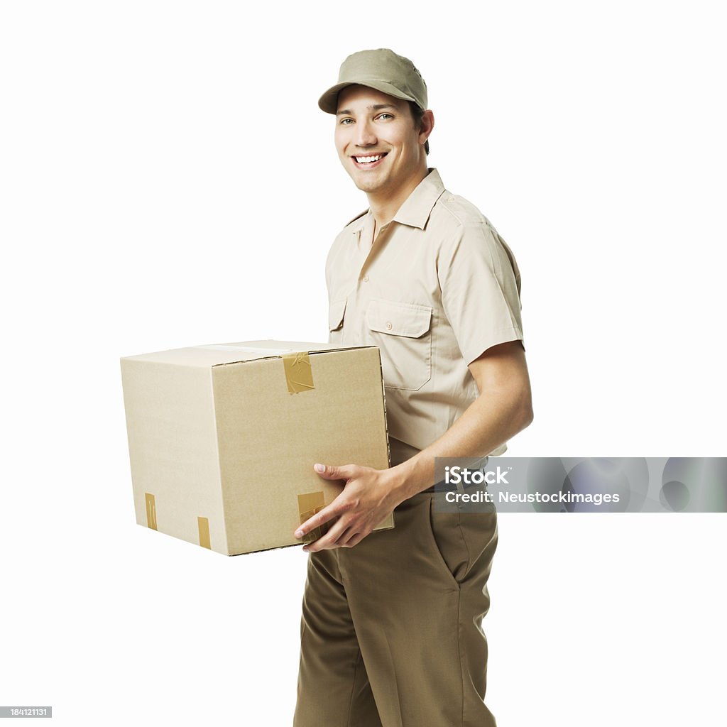 Deliveryman carregando uma caixa-isolada - Foto de stock de Entregador royalty-free